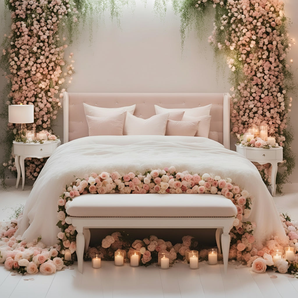 Romantic Floral Bedroom Set with plush tufted headboard, pink and white roses, and elegant candle arrangements.