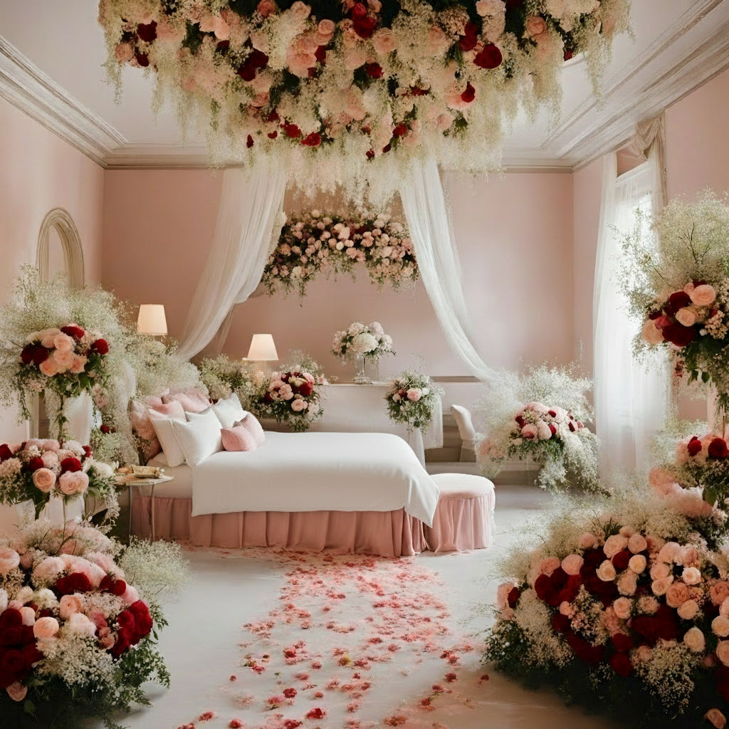 Romantic Floral Dream Bedroom Set with pink, red, and white flowers, luxurious bed, and enchanting atmosphere.
