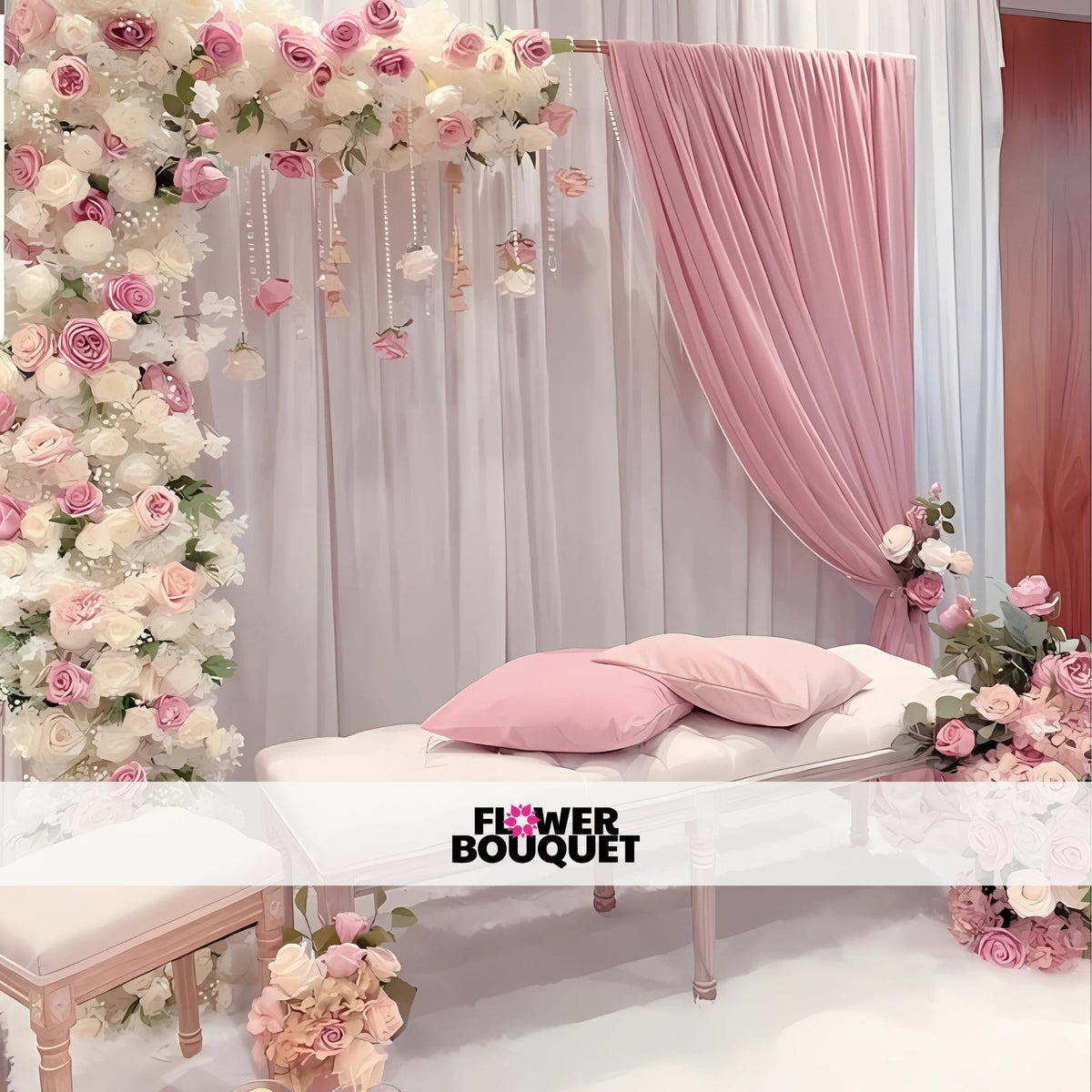 Nikah canopy with pink drapes, white hanging flowers, and floral seating arrangement.