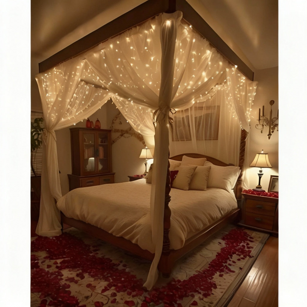 Romantic Flower Canopy Bed Decor with white drapes, fairy lights, white bedding, pillows, and red rose petals.