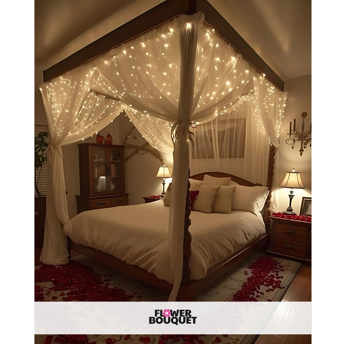 Romantic Flower Canopy Bed Decor with white drapes, fairy lights, white bedding, pillows, and red rose petals.