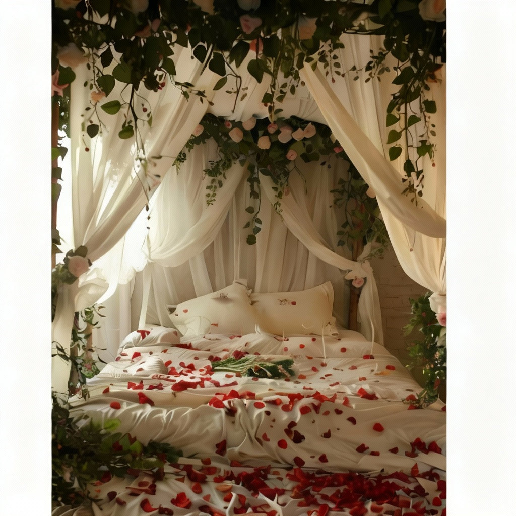 Romantic Flower Room Bed Decor with white bed, red rose petals, white drapes, and greenery.
