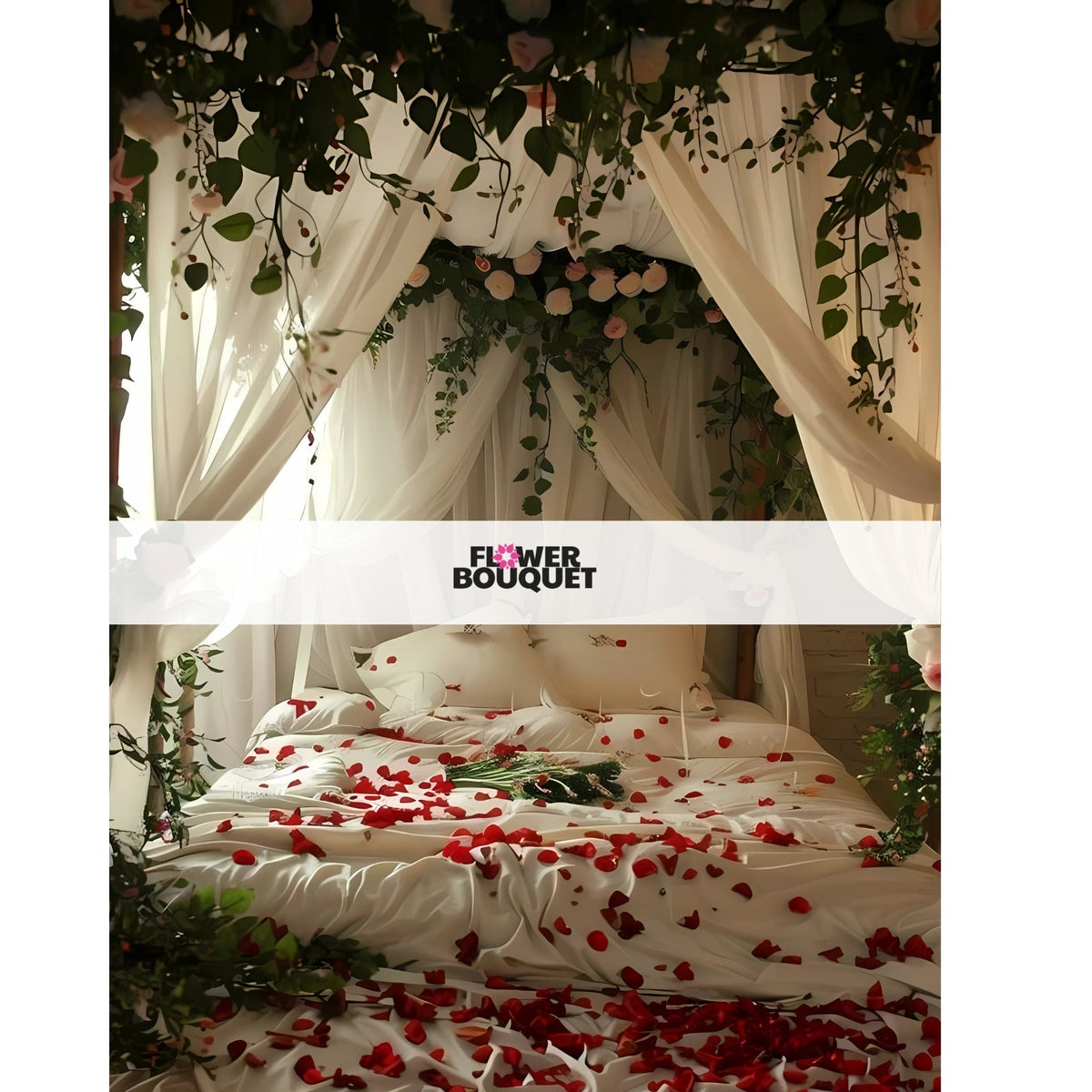 Romantic Flower Bouquet Bed Decor with white bed, red rose petals, white drapes, and greenery.