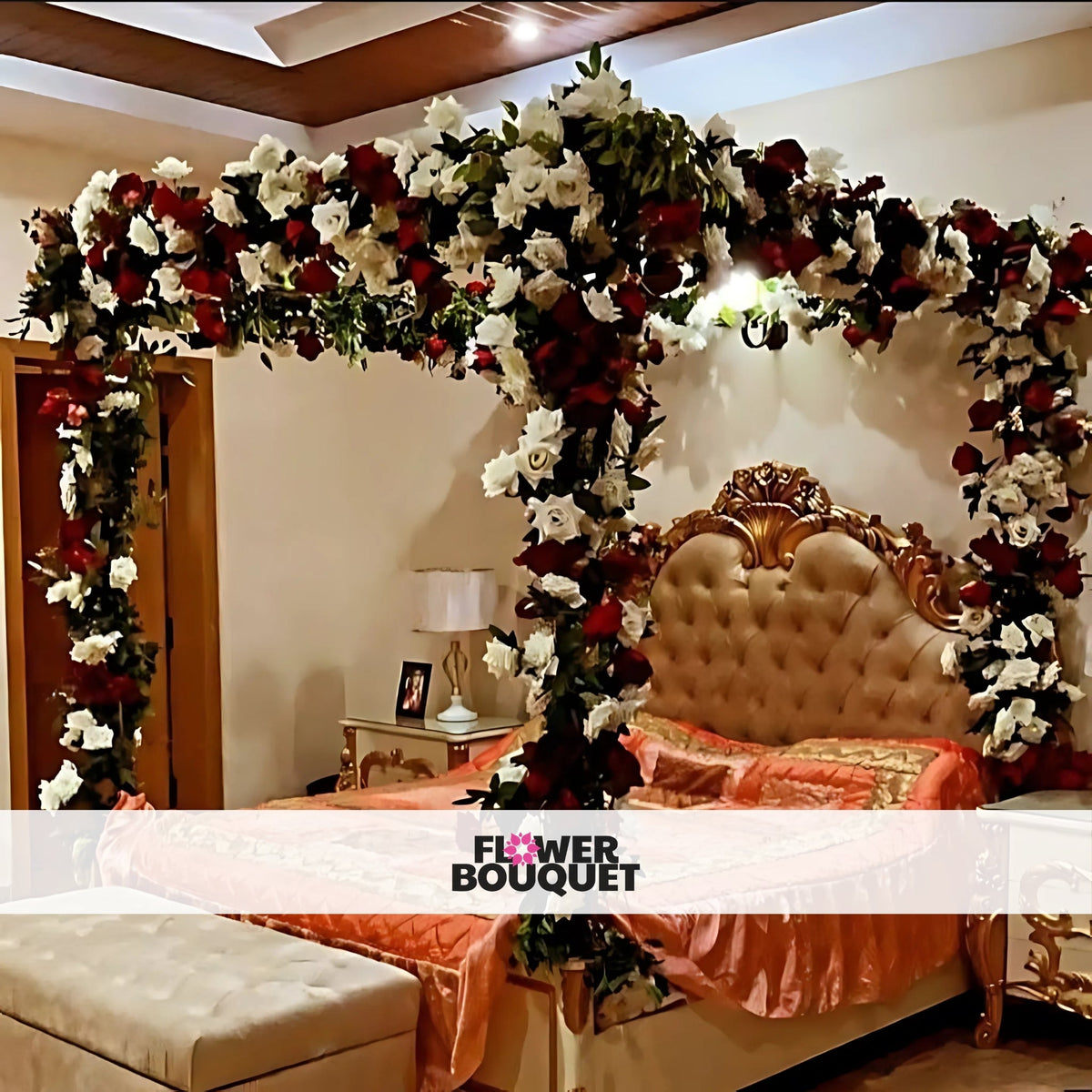 Romantic Garden Canopy Bed Decor with red and white flowers, green foliage, pink drapes, and dark blue bedding.