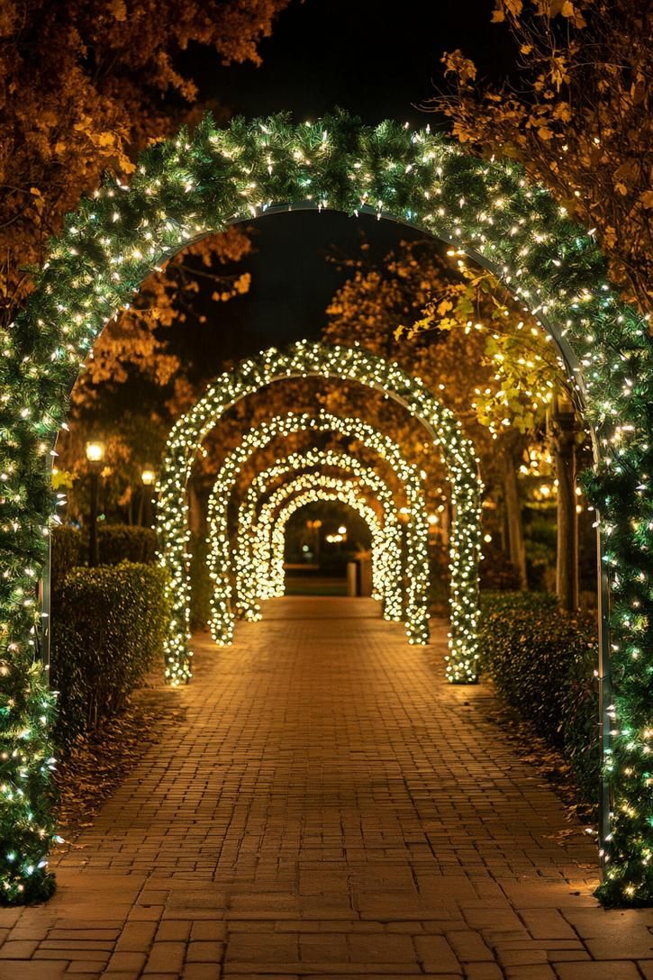 A glowing pathway lined with LED lights, creating a magical and romantic garden walkway.