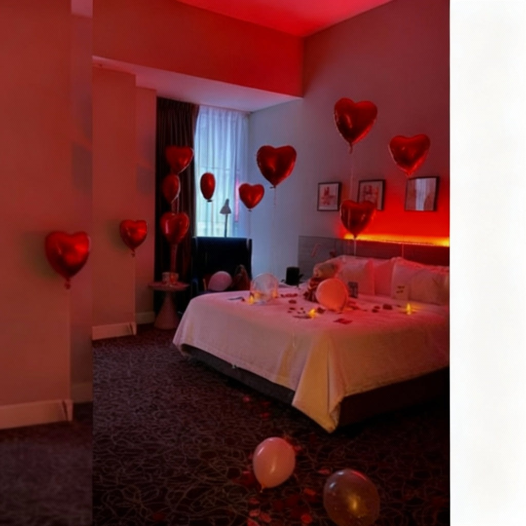 Romantic Heart Balloon Room Decoration with red heart-shaped balloons, soft lighting, and rose petals.