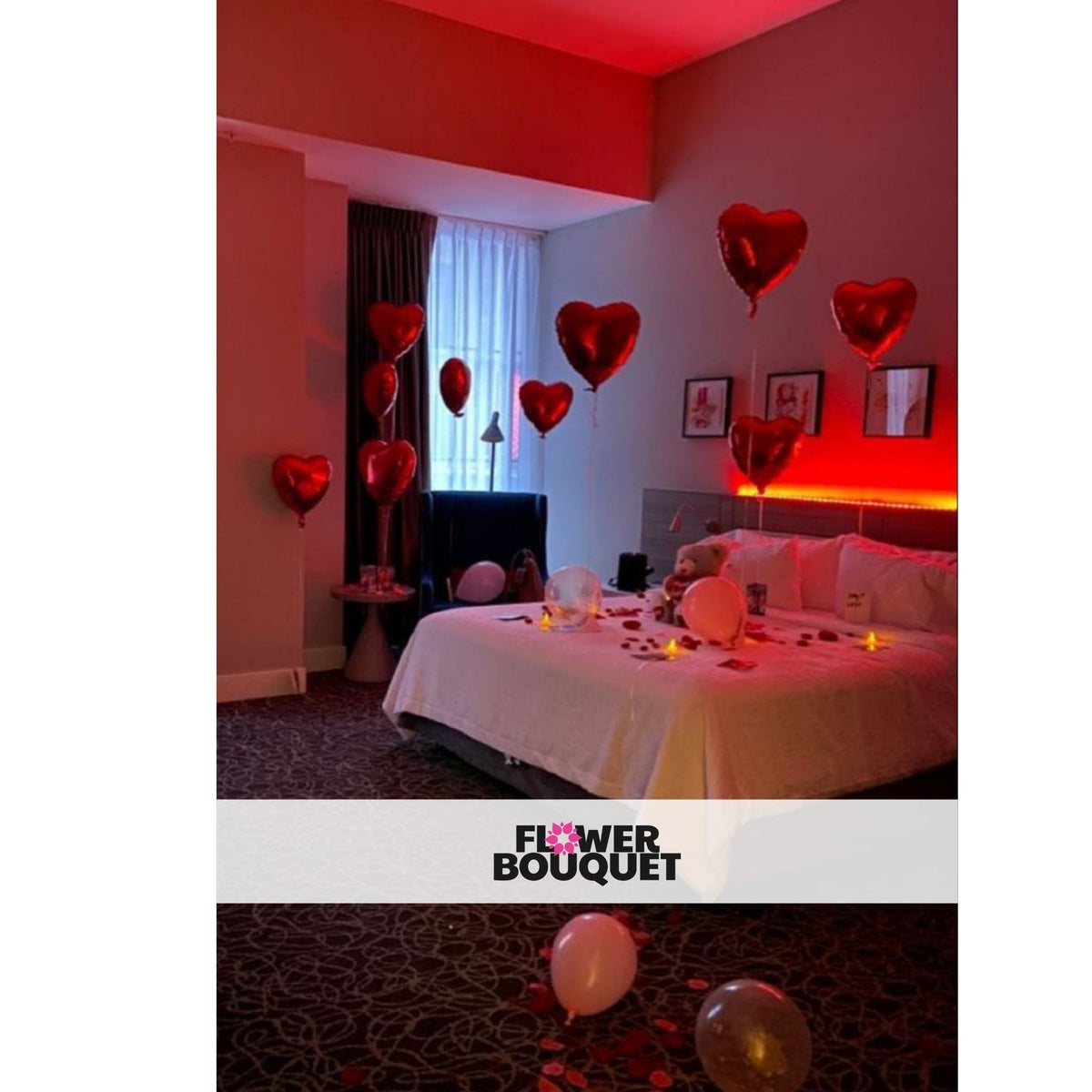 Romantic Heart Balloon Room Decoration with red heart-shaped balloons, soft lighting, and rose petals.