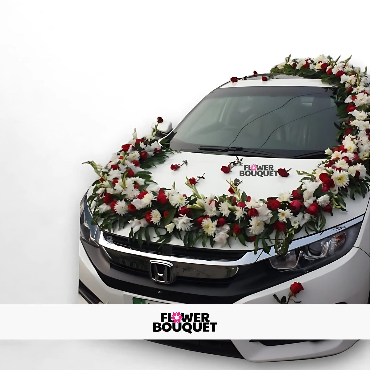 White car decorated with red and white flower garlands on hood and roof, with Flower Bouquet logo.