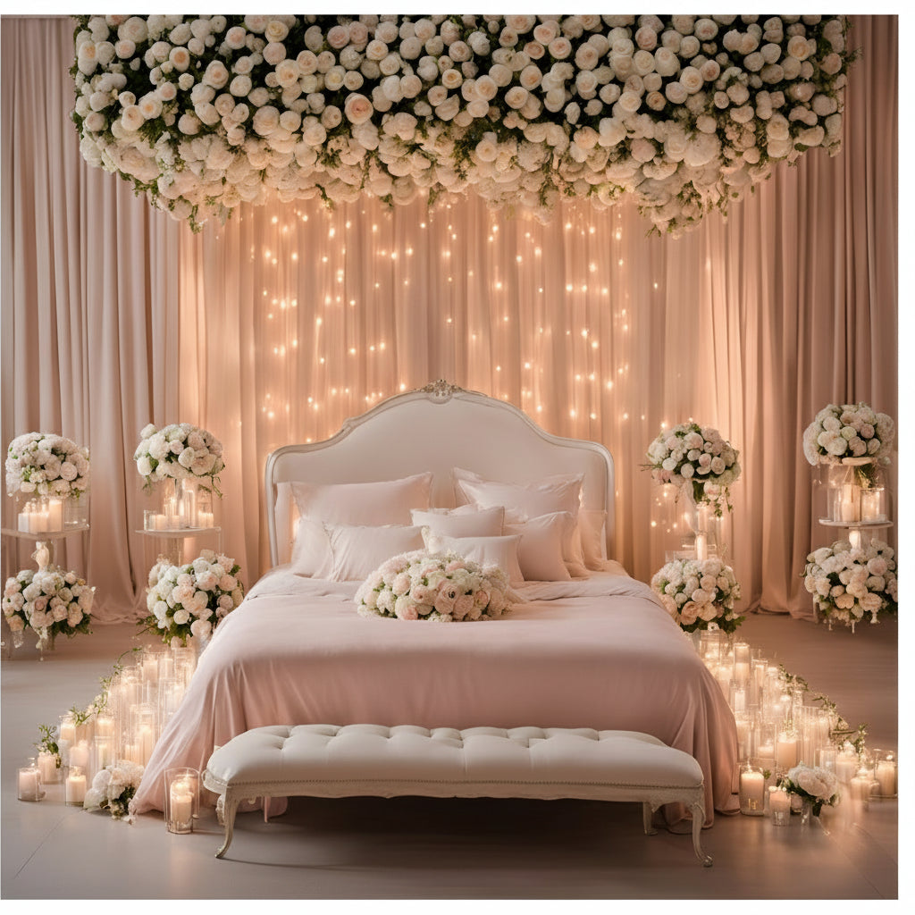 Romantic Rose Dream Bedroom Set: pink bed, white roses, candles, and fairy lights for an intimate, dreamy atmosphere. 🌹✨