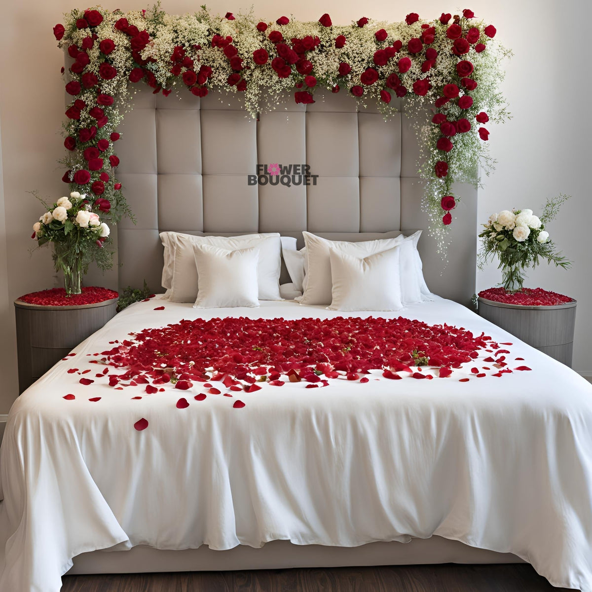 Romantic Rose Petal Bed Decor with white bed, heart-shaped red rose petals, and cascading floral canopy.
