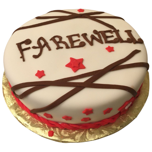 "Round farewell cake with white fondant, chocolate strips, red stars, and Farewell message on top."