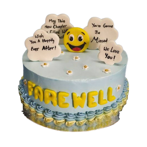 "Round farewell cake with smiley emoji topper, cloud messages, and yellow Farewell lettering."