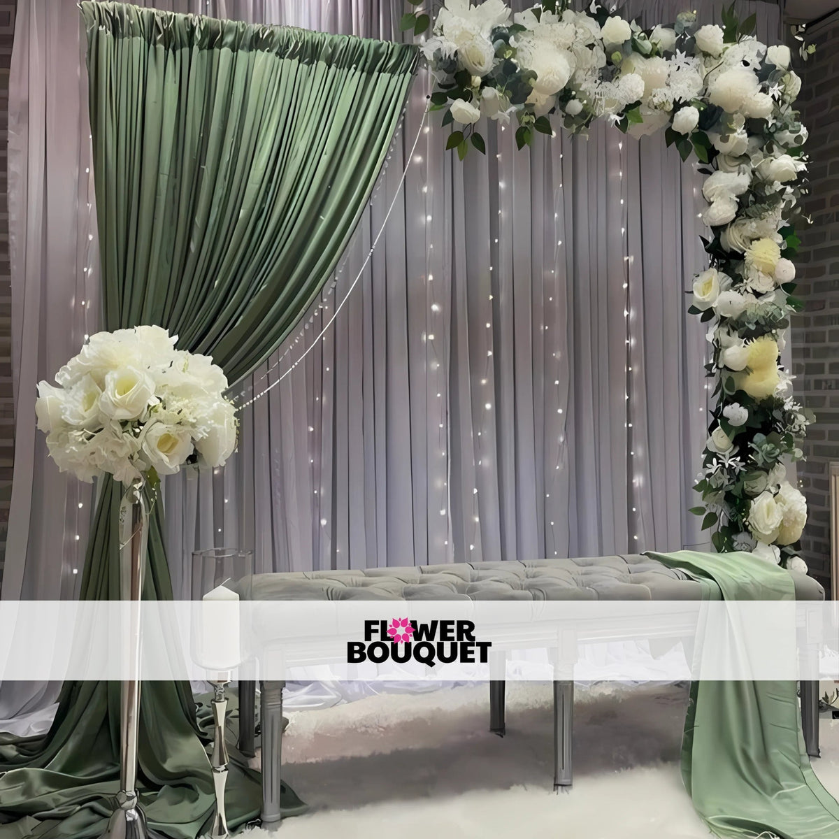 Nikah stage with sage green drapes, white floral arch, and warm fairy lights.