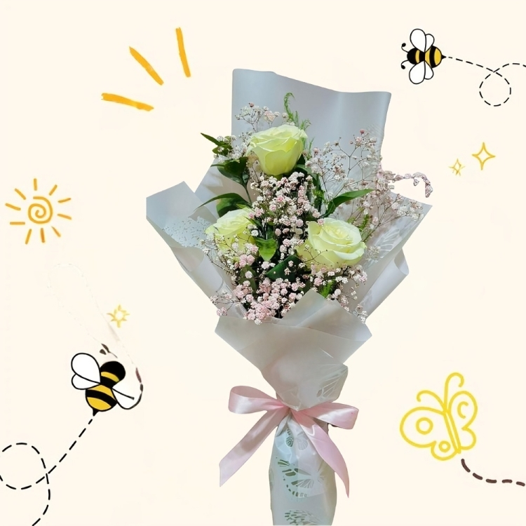 Small flower bouquet featuring three creamy white roses and pink baby's breath wrapped in white butterfly-patterned paper with a pink ribbon.