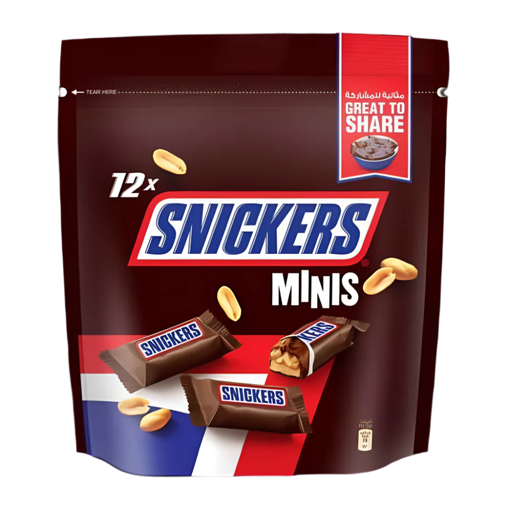 Snickers Minis 12-pack pouch with small chocolate bars and peanuts