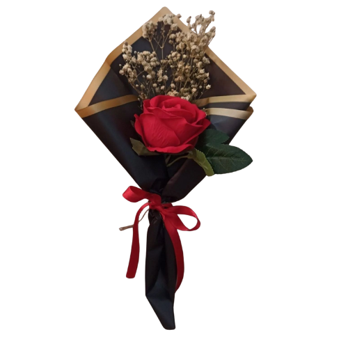 Solo Bloom bouquet with a single red rose and baby’s breath wrapped in black luxury paper with gold trim and red satin ribbon — same-day delivery in Pakistan.