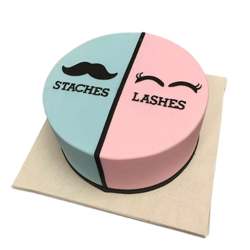 "Staches Lashes Cake for baby shower gender reveal in pastel blue and pink, available in Lahore, Karachi, and Islamabad"