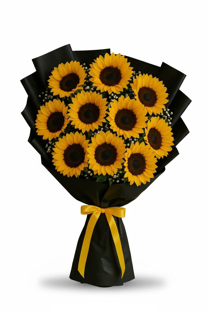 Stunning bouquet of 11 sunflowers with baby’s breath wrapped in black paper and yellow ribbon – ideal for birthdays and flower delivery in Pakistan