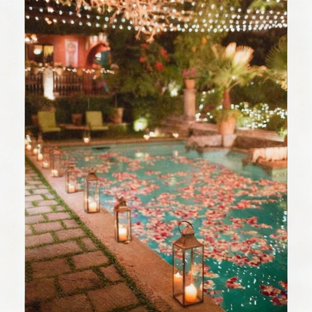  A serene and enchanting nighttime scene featuring a lush, flower-filled pool surrounded by a cozy, historic-style building adorned with twinkling lights, creating a magical and romantic ambiance.