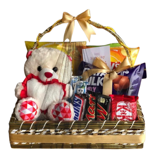 "Teddy bear and chocolate snack gift basket with Lays, Dairy Milk, and KitKat for delivery in Pakistan"