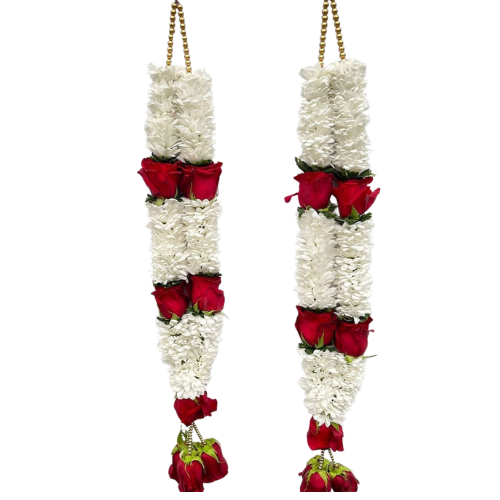 "Traditional rose and tuberose garland (phoolon ki mala) with red roses and white motia – wedding and cultural flower garland Pakistan"