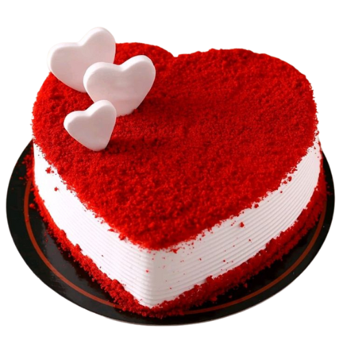 Velvet Heart Cake with red velvet sponge, cream frosting, and heart toppers