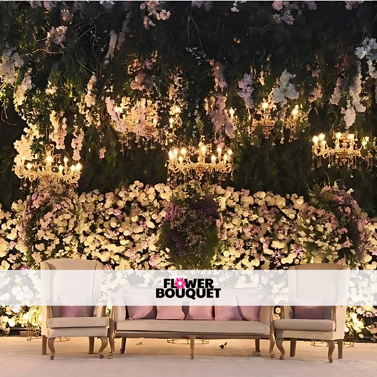 Wedding stage featuring a lush floral wall with pastel and white blooms, crystal chandeliers, and elegant beige seating, perfect for luxurious events.