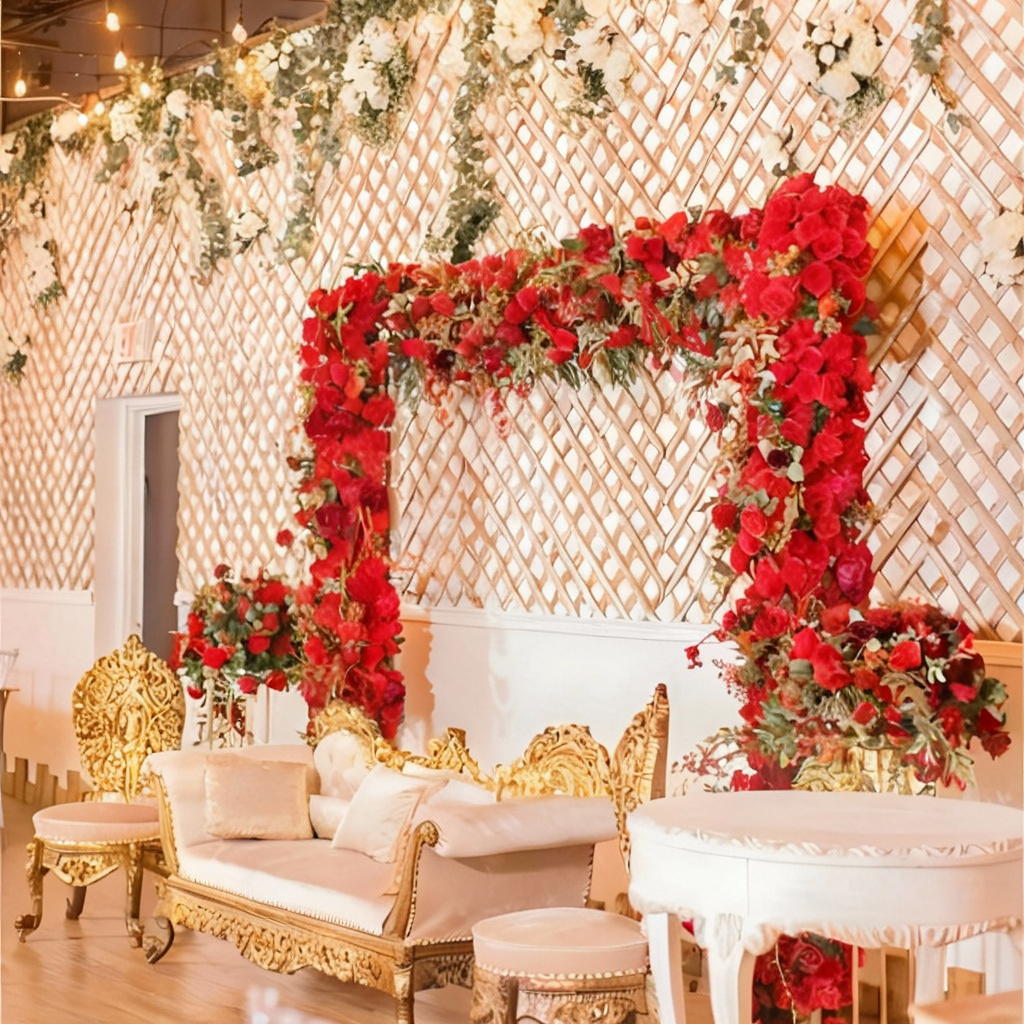 Wedding stage featuring a red rose floral arch, lattice wall with white florals, and vintage gold seating, perfect for romantic events.