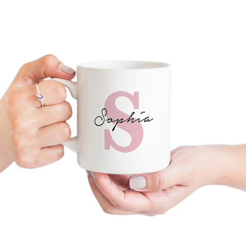 White ceramic alphabetic mug with blue letter design – stylish personalized coffee mug for gifting