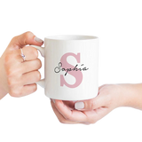 White ceramic alphabetic mug with blue letter design – stylish personalized coffee mug for gifting