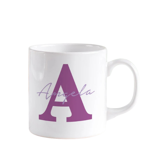 White ceramic alphabetic mug with blue letter design – stylish personalized coffee mug for gifting