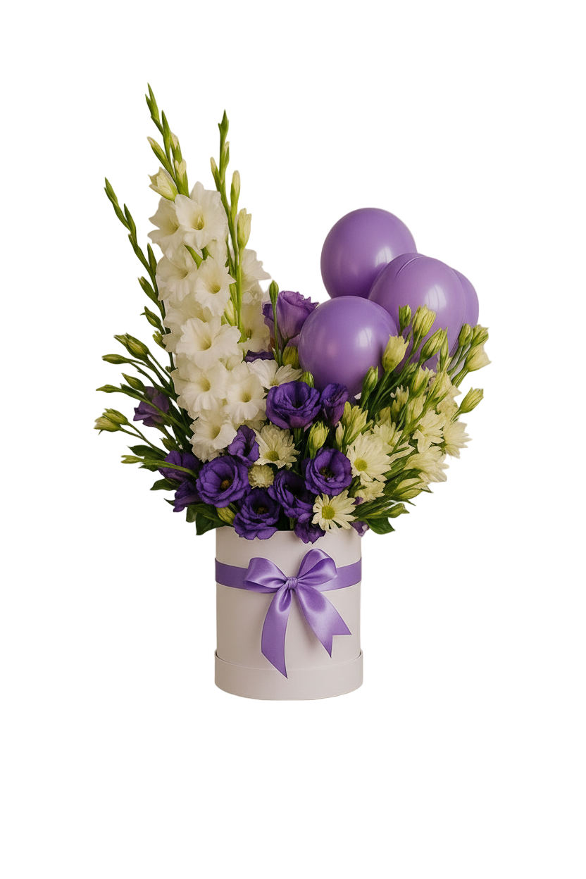 White hatbox with purple and white fresh flowers, gladiolus and lavender balloons – ideal for birthday and get well gifting in Pakistan