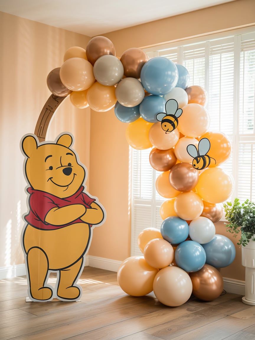 Winnie the Pooh baby shower balloon arch with pastel balloons and cartoon backdrop decoration.