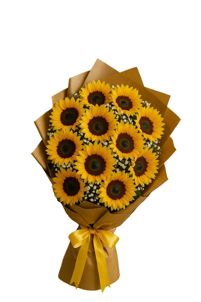 Woman holding a bouquet of 11 fresh sunflowers wrapped in brown kraft paper with a yellow ribbon – perfect gift for birthdays and special moments in Pakistan