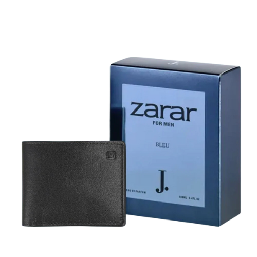 Zarar Bleu perfume gift set with signature leather wallet for men
