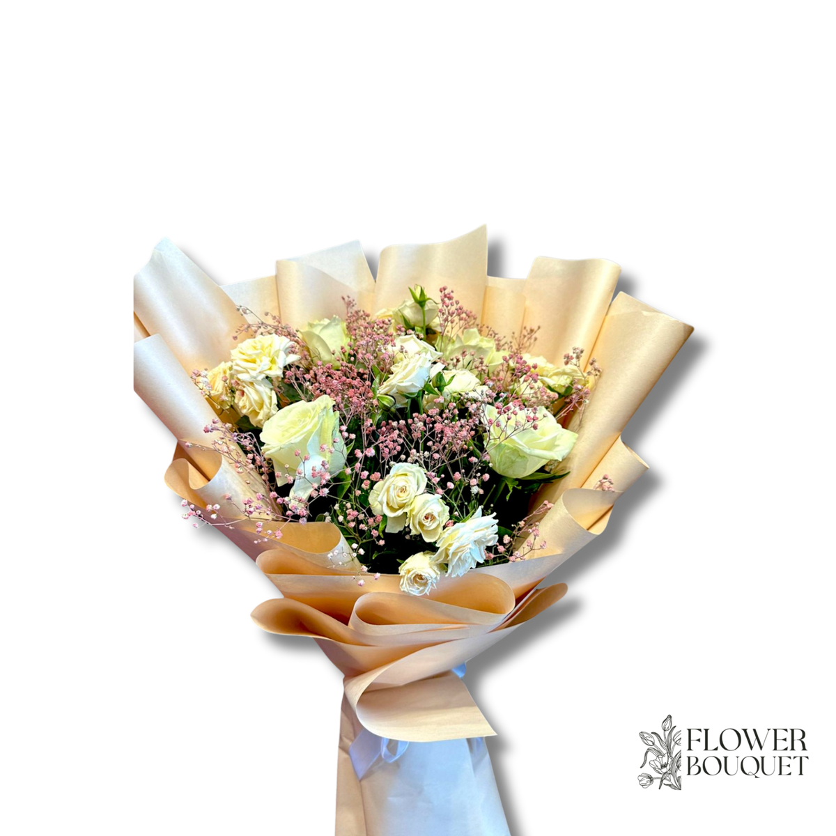 A beautiful bouquet of white roses, greenery, and baby's breath, wrapped in a luxurious golden paper.