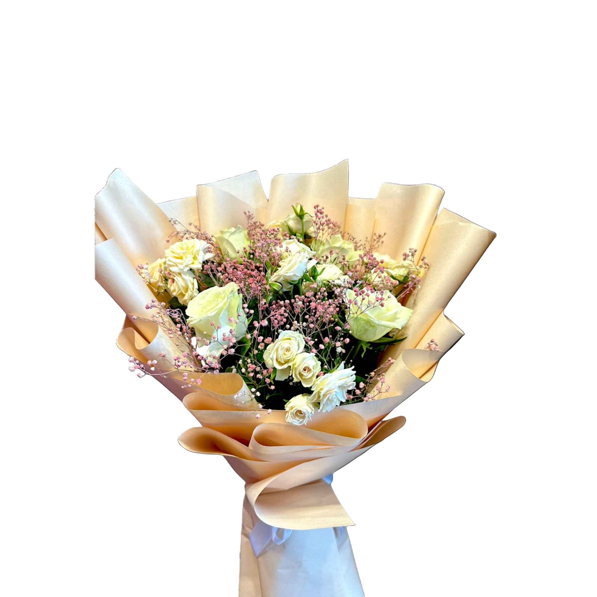 A beautiful bouquet of white roses, greenery, and baby's breath, wrapped in a luxurious golden paper.