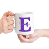 White ceramic alphabetic mug with blue letter design – stylish personalized coffee mug for gifting