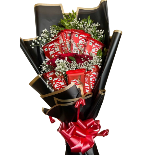 Chocolate bouquet with KitKat bars, red roses, and baby’s breath in black and gold wrapping