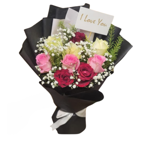 9 imported mixed roses bouquet with I Love You card and black wrapping