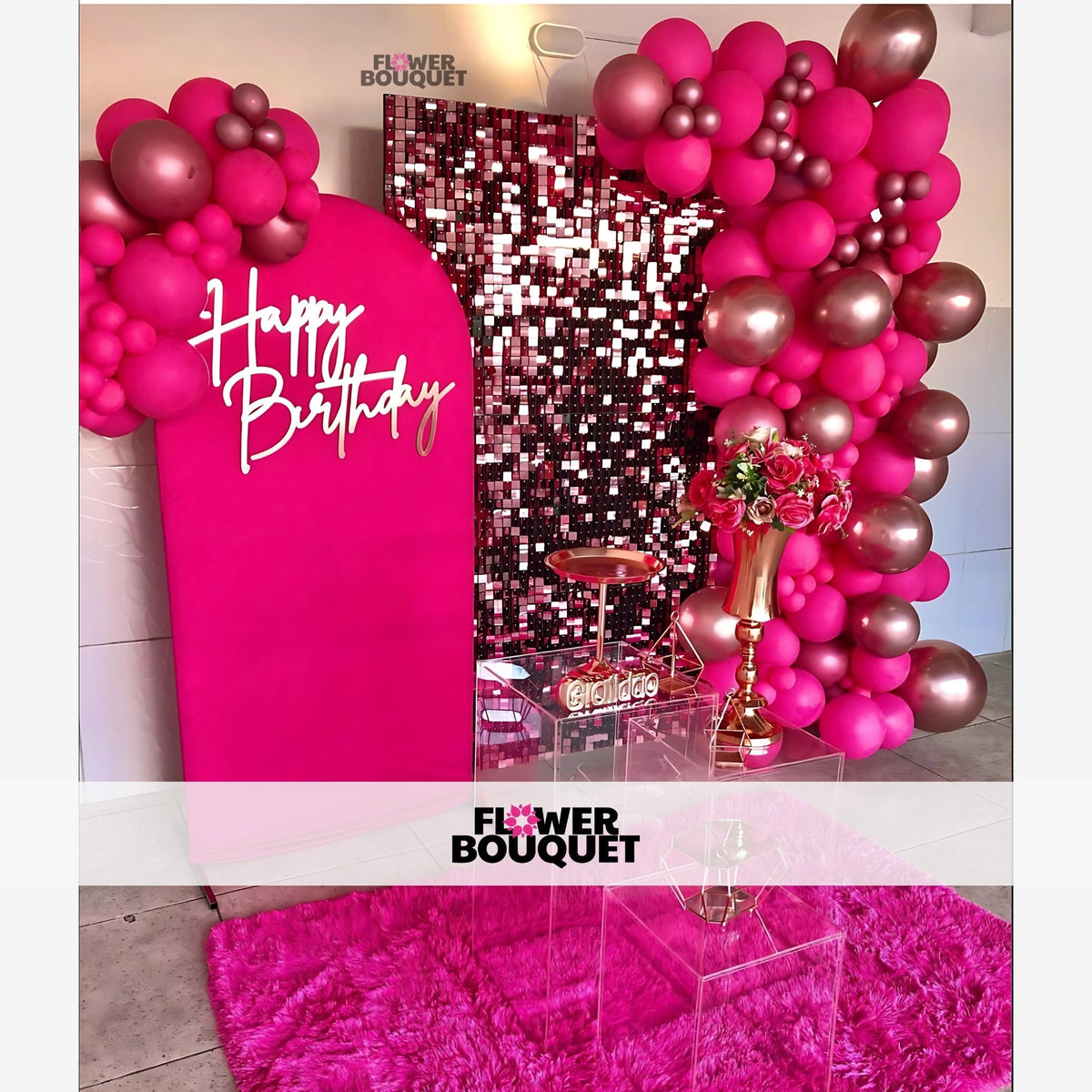 Decorative setup for a birthday celebration with a gold sequin wall, neon "Happy Birthday" sign, and balloon clusters.
