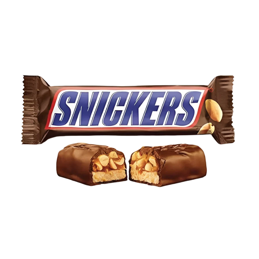 Snickers chocolate bar with caramel, peanuts, and nougat
